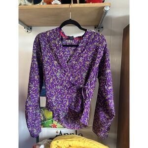 Vintage Marrakech Purple Floral Silk Plunging Back Tie Blouse Size L